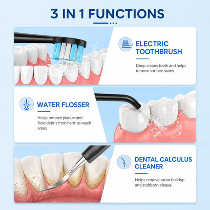 3 in 1 Electric Toothbrush With Water Flosser Cleaning Kit with 7 Modes IPX7 Waterproof Teeth Cleaner For Travel and Home