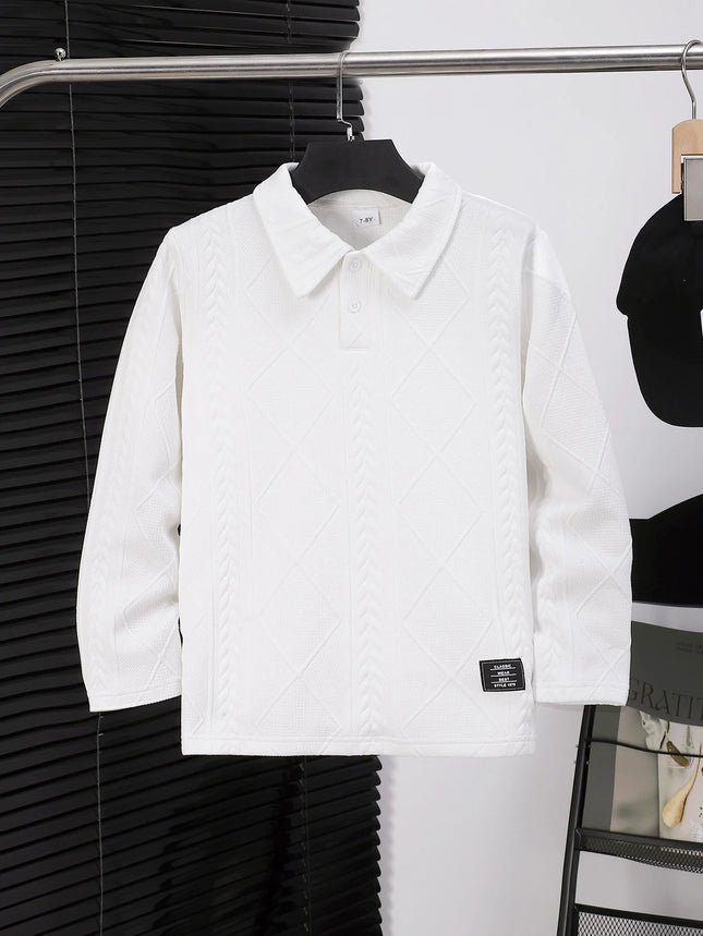 Girl's white twisted flower knitted polo shirt with long sleeved textured collar top, for gifting and going out.