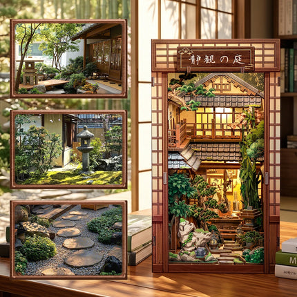 CUTEBEE Book Nook Kit Wooden Doll House 3D Puzzle DIY Miniature House Model with LED Light for Japanese Serene Courtyard