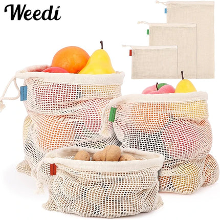 Weedi 3/6pack Reusable Cotton Mesh Produce Bags, Washable Grocery Bag Kitchen Fruit Vegetable Storage Bags Kitchen Organizer