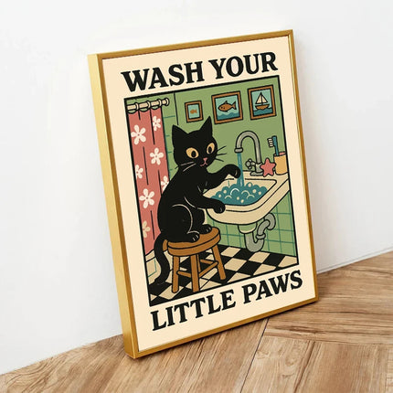 Cute Wash Paws Cat Canvas Print Kawaii WashRoom Bathroom Nursery Wall Art Poster for Modern Living Room Bedroom Home Decor