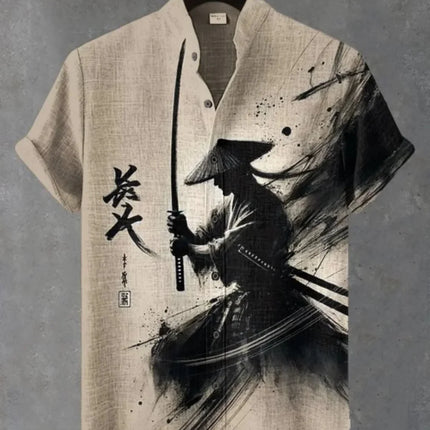Men's Samurai Hawaiian Shirt Casual Short Sleeve Top Loose Clothing Fashion Retro Summer Shirt