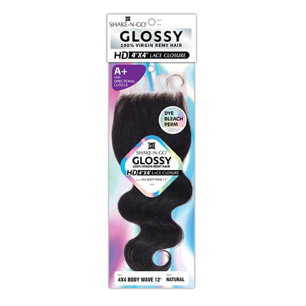 Shake-N-Go Glossy Virgin Remy Hair HD Lace Closure 4X4 Body Wave 12'' – Natural Shine, Soft Texture, Easy Blend, Perfect Fit