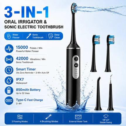 3 in 1 Water Flosser Sonic Electric Toothbrush Rechargeable Oral Irrigator IPX7 Waterproof Tooth Cleaner For Teeth Gum Care