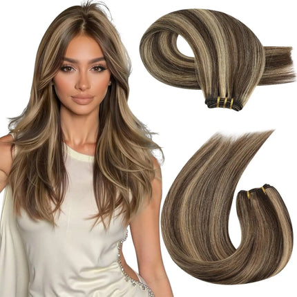 Moresoo Sew in Hair Extensions Weave Hair Human Bundles Machine Remy Hair 100 Gram Double Weft Soft Straight Human Hair Weft
