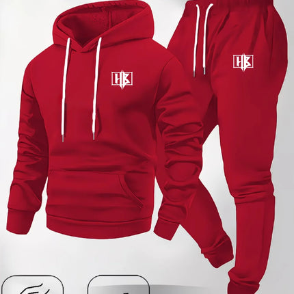 Men's Fashion Print Hooded Sweatshirt Set Autumn Winter Casual Loose Wide Fit Sportswear with Pockets Comfortable Fleece Top