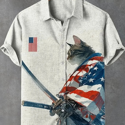 Men's Samurai Hawaiian Shirt Casual Short Sleeve Top Loose Clothing Fashion Retro Summer Shirt
