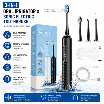 3 in 1 Electric Toothbrush With Water Flosser Cleaning Kit with 7 Modes IPX7 Waterproof Teeth Cleaner For Travel and Home