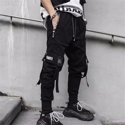 Men's Cargo Pants Hip Hop Hit Color Multiple Pockets Trousers Streetwear Ribbons Techwear Sweatpants Summer High Street Pants