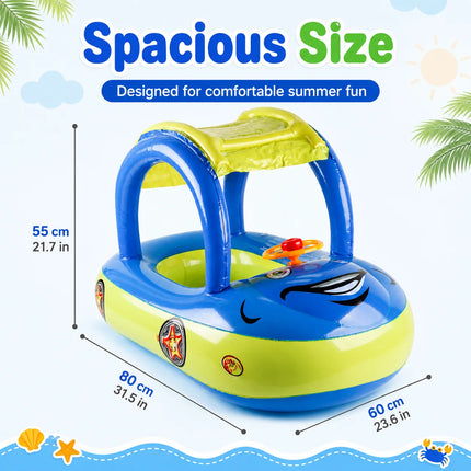 1PC Float with Canopy, Summer Steering Wheel Sunshade Swim Ring Car, Inflatable Toys Infants Float Seat Boat for Toddlers