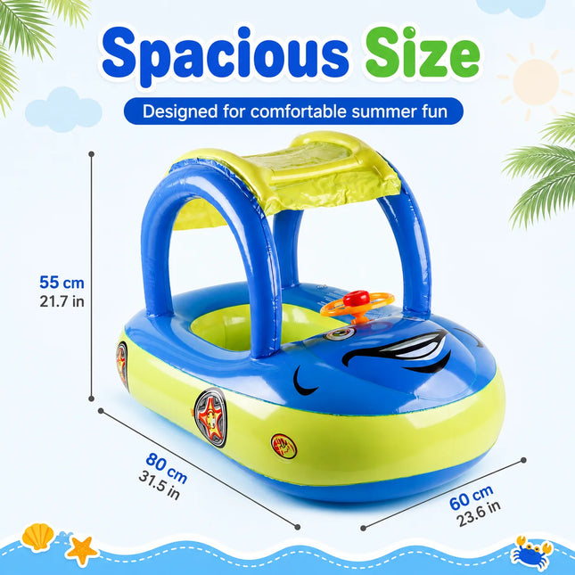 1PC Float with Canopy, Summer Steering Wheel Sunshade Swim Ring Car, Inflatable Toys Infants Float Seat Boat for Toddlers