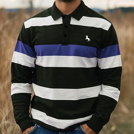 Men's Striped Print Logo Long Sleeve Polo Shirt - Classic Casual Stylish Comfortable Top for Daily Wear T-Shirt For Male