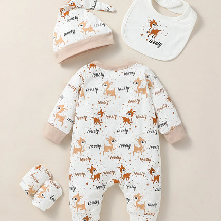 4PCS Baby unisex Long Sleeve Round Neck Animal Print With Button Casual  Jumpsuit +Bib+Hat+Gloves