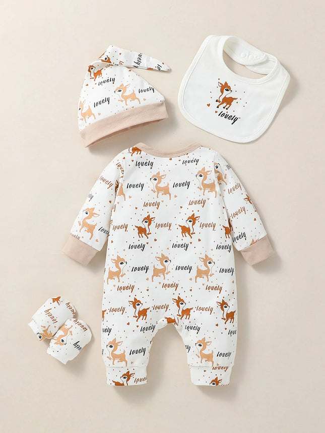 4PCS Baby Unisex Long Sleeve Round Neck Animal Print Button Casual Jumpsuit + Bib + Hat + Gloves