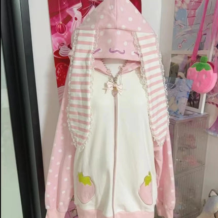Dot Print Patchwork Women Grunge Hoody Top Rabbit Ears Japanese Kawaii Loose Hoodies Y2k Aesthetic Fairy Strawberry Sweatshirt