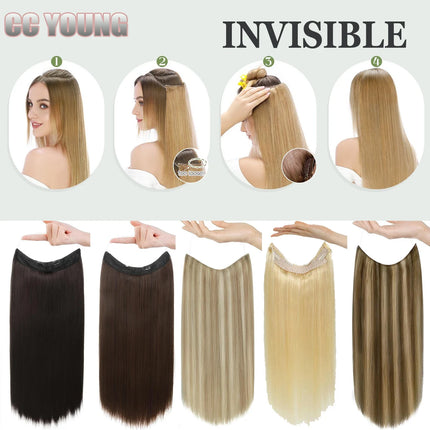 20 inch 100g Blond Halo Hair Extensions 100% Human Hair with Invisible Transparent Wire Adjustable Size Secure Clip on Hairpiece