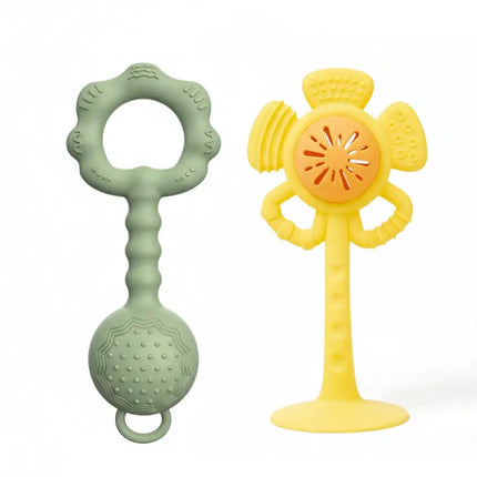 Silicone Baby Rattle and Teether Toy Set with Suction Cup Base Flower Shaker Infant Grasping Toy Food Grade BPA Free