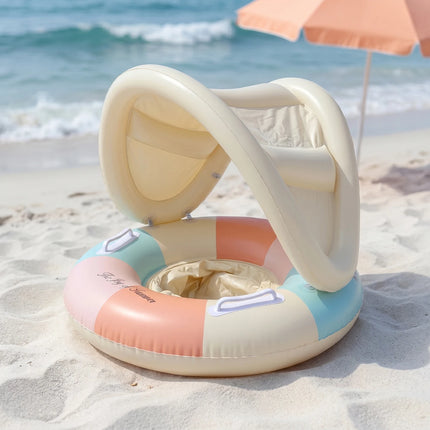 1PC Swimming Ring Inflatables with Detachable Canopy Sun Protection, Stripy Cartoon Float Seat with Handles for Boys Girls
