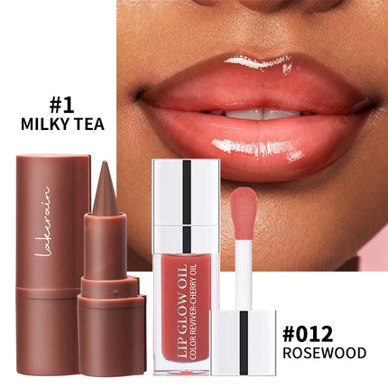 2pcs Nude Lip Combo Set Dark Brown Lip Liner With Glossy Pink Nude Gloss Shiny Long Lasting Lip Glossy Lips Lightweight Feel  Ma