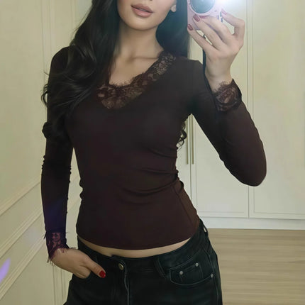 Women's Solid Lace Splicing Tee Soft Slim V-Neck Sexy Long Sleeve T-shirts Commuting Fashionable Casual Spring Autumn Simple Tops
