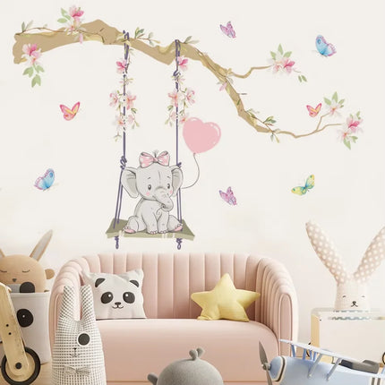 Pink Flowers Blooming Tree Branch Butterfly  Floral Watercolor Wall Stickers for Nursery Bedroom Living Room Wall Decals Murals
