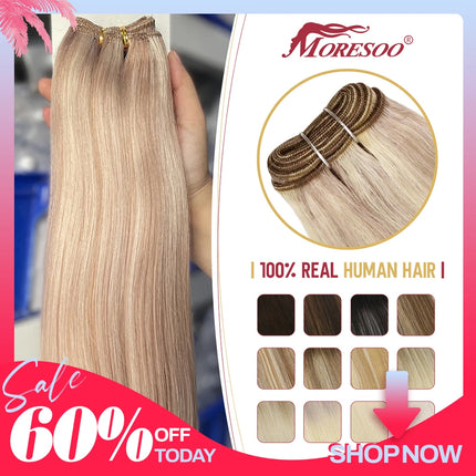 Moresoo Sew in Hair Extensions Weave Hair Human Bundles Machine Remy Hair 100 Gram Double Weft Soft Straight Human Hair Weft