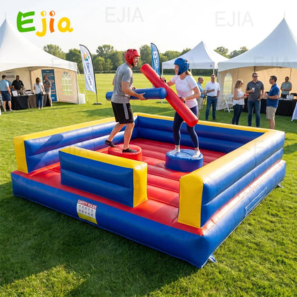 2 Person Inflatable Gladiator Game - 13x13ft Joust Fighting Arena, Indoor/Outdoor Inflatable Jousting Ring Arena Rental with Sticks and Helmets