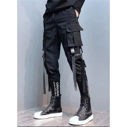 Men's Cargo Pants Hip Hop Hit Color Multiple Pockets Trousers Streetwear Ribbons Techwear Sweatpants Summer High Street Pants