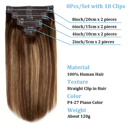 Women Human Hair Extension 8Pcs Clip In Remy Hair Weft 100% Human Hair Extensions For Lady 16''-26'' Natural Clips Hairpieces