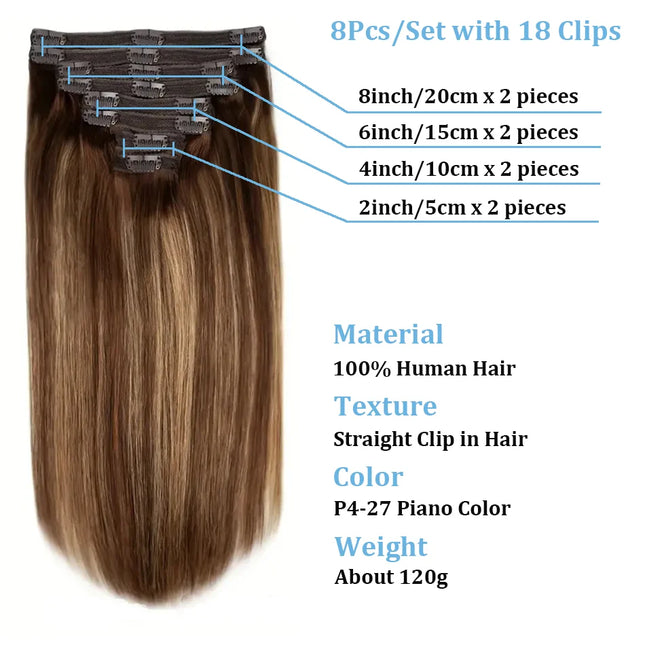 Women Human Hair Extension 8Pcs Clip In Remy Hair Weft 100% Human Hair Extensions For Lady 16''-26'' Natural Clips Hairpieces