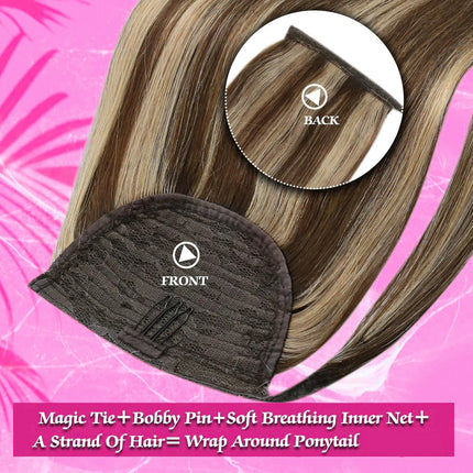 Ponytail Extension Human Hair For Women Clip In Ponytail Hair Extension Straight Hair Pieces #4/27 Color Wrap Around Ponytail
