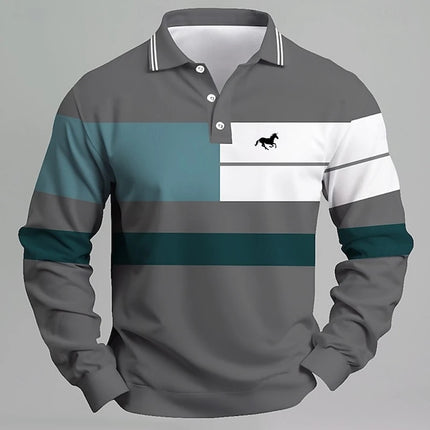 Men's Striped Printed Unicorn Logo Polo Shirt - Long Sleeve Casual T-shirt Comfortable Regular Fit for Daily Wear or Golf