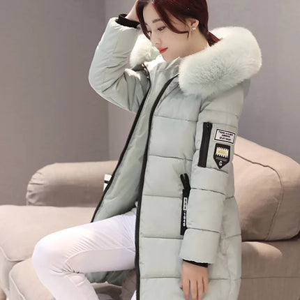 Women Winter Fur Collar Hooded Parka Fashion Letter Patch Zipper Pockets Design Long Jacket Elegant Slim Warm Thick Female Coats