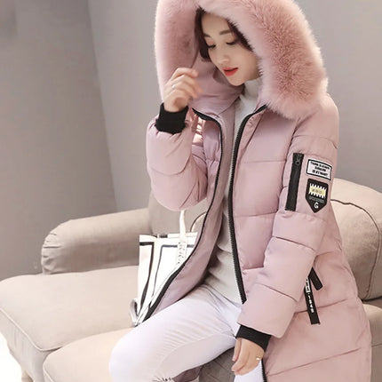 Women Winter Fur Collar Hooded Parka Fashion Letter Patch Zipper Pockets Design Long Jacket Elegant Slim Warm Thick Female Coats