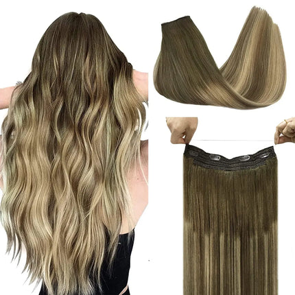 Sunmofavo Invisible Wire Remy Human Hair Extensions Brown Ombre Straight Seamless Fish Line Daily Wear Volume Boost Soft Silky