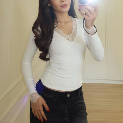 Women's Solid Lace Splicing Tee Soft Slim V Neck Sexy Long Sleeve T-shirts Commuting Fashionable Casual Spring Autumn Simple Tops