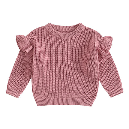 Suefunskry Newborn Baby Girl Boy Knitted Ruffled Long Sleeve Sweaters Solid Color Loose Pullover Toddler Casual Tops