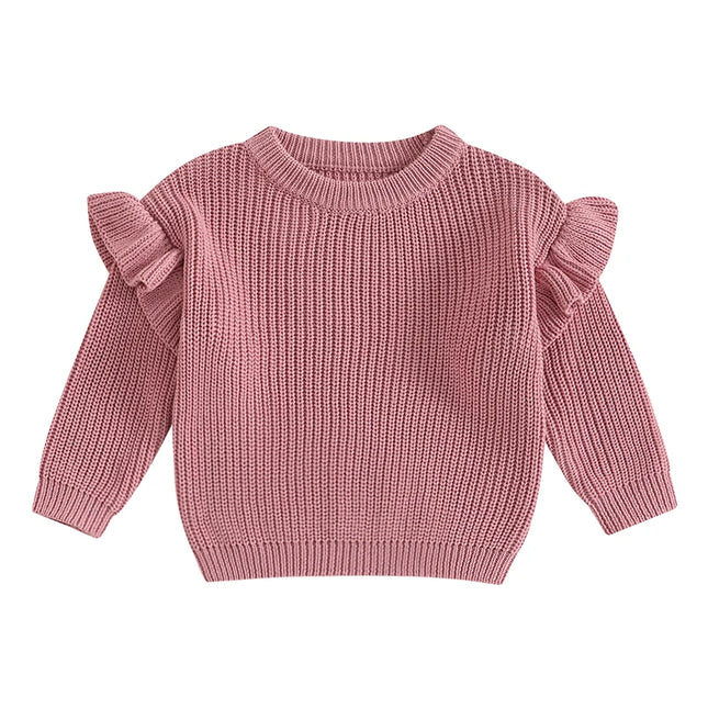 Suefunskry Newborn Baby Girl Boy Knitted Ruffled Long Sleeve Sweaters Solid Color Loose Pullover Toddler Casual Tops