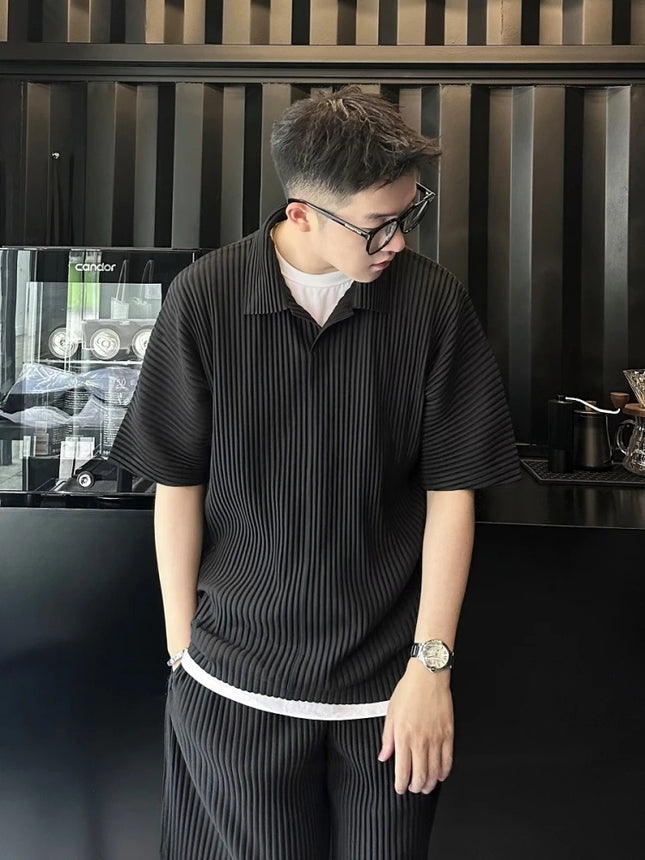 Miyake Japanese Pleated Polo Shirt for Men Casual Loose Lapel Short Sleeve Daily Top