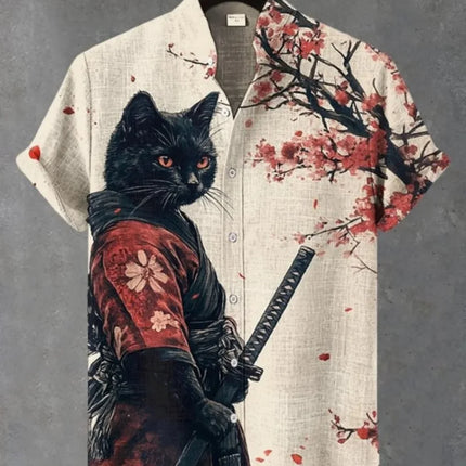 Men's Samurai Hawaiian Shirt Casual Short Sleeve Top Loose Clothing Fashion Retro Summer Shirt