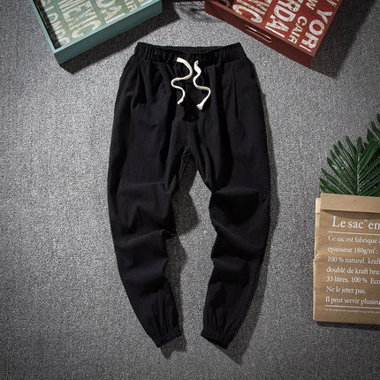 Cotton Linen Harem Pants Men Solid Elastic Waist Streetwear Joggers 2022 New Baggy Drop-crotch Pants Casual Trousers Men Running