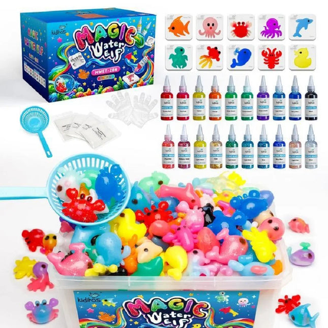 Kiditos Magic Water Elf Toy Kit – Squishies for Kids, 20 Gels & 10 Molds, Magic Gel Water Pets Sensory DIY Craft Kit, Party Favors & Summer Gifts for Kids Ages 3+