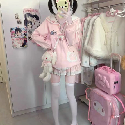 Japanese Cartoon Embroidery Women Hoddies Preppy Style Sailor Collar Autumn Hoody Jacket Y2k Aesthetic Grunge Pocket Sweatshirt