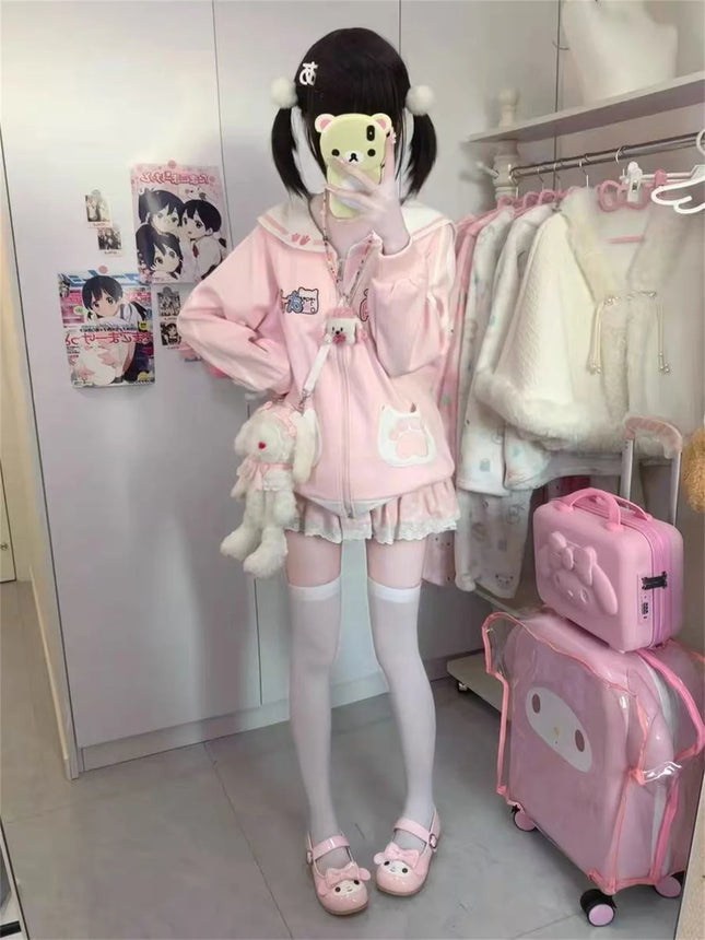 Japanese Cartoon Embroidery Women Hoddies Preppy Style Sailor Collar Autumn Hoody Jacket Y2k Aesthetic Grunge Pocket Sweatshirt