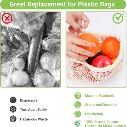Weedi 3/6pack Reusable Cotton Mesh Produce Bags, Washable Grocery Bag Kitchen Fruit Vegetable Storage Bags Kitchen Organizer