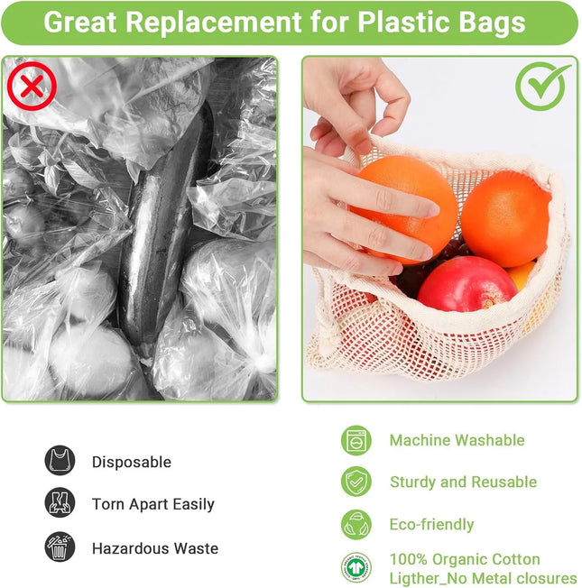 Weedi 3/6pack Reusable Cotton Mesh Produce Bags, Washable Grocery Bag Kitchen Fruit Vegetable Storage Bags Kitchen Organizer