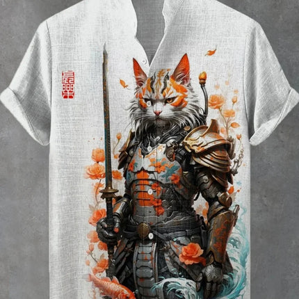 Men's Samurai Hawaiian Shirt Casual Short Sleeve Top Loose Clothing Fashion Retro Summer Shirt