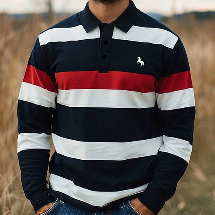 Men's Striped Print Logo Long Sleeve Polo Shirt - Classic Casual Stylish Comfortable Top for Daily Wear T-Shirt For Male
