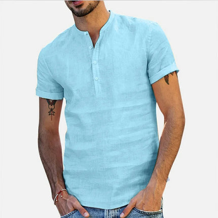 Loose Oversized Cotton Linen Short-sleeved Men's T-shirt Collar Buckle Half-open Shirt Korean Fashion Men Clothing New 2020