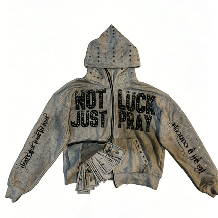 Y2K rhinestone-studded hooded sweatshirt with a NOT JUST LUCK PRAY letter print, perfect for everyday wear.